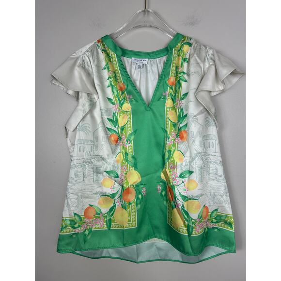 Current Air Tuscan Satin Lemon Print Top Green Sz Small - Picture 2 of 7